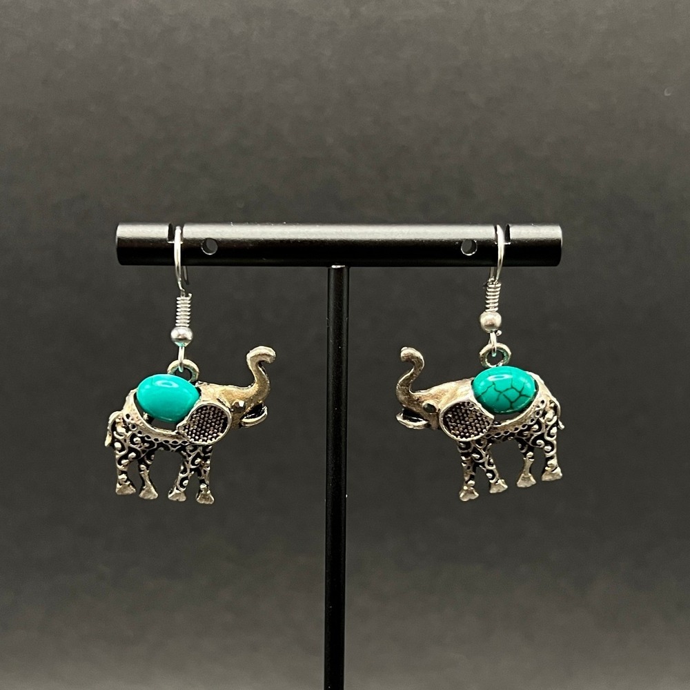 Elephant‎ Earrings Silver Tone Faux Turquoise Stone Boho Filigree Raised Trunk